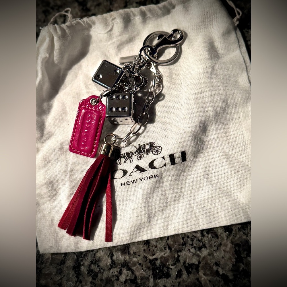 COACH RASPBERRY HANGTAG WITH SILVER DICE BAG CHARM / TASSEL & DUSTY